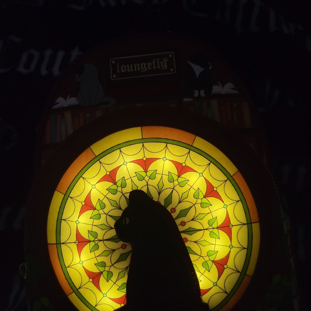 Loungefly Light Up Stained Glass Black Cat Library Bam Exclusive Mini Backpack - Picture 7 of 7